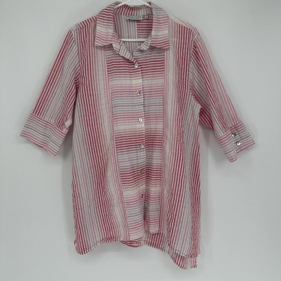 Habitat Tops - Habitat Shirt Womens Medium Pink White Stripe Button Up 3/4 Sleeve Tunic Blouse